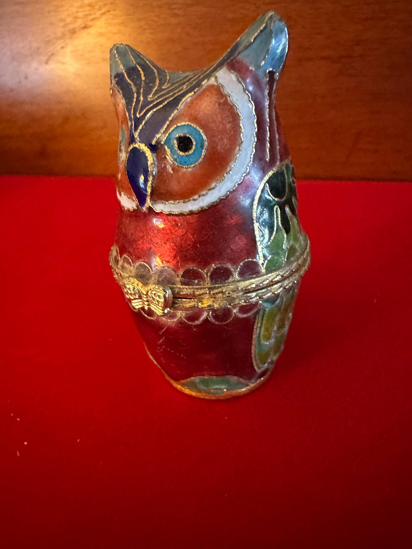 Vintage Cloisonné Owl Trinket Box: Red Enameled Brass Figurine