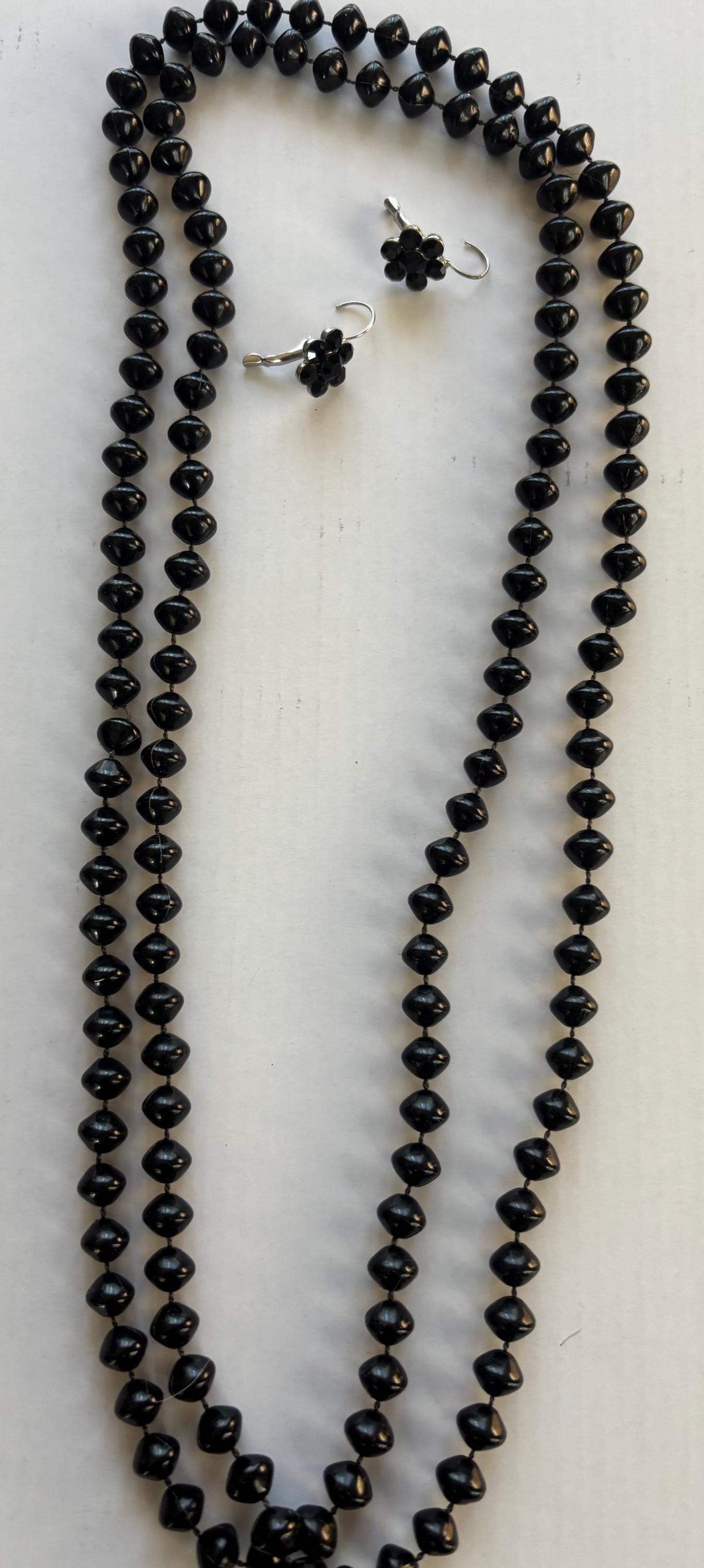 Vintage Long Black Beaded Necklace and Matching Earrings Lover Antiques and Vintage