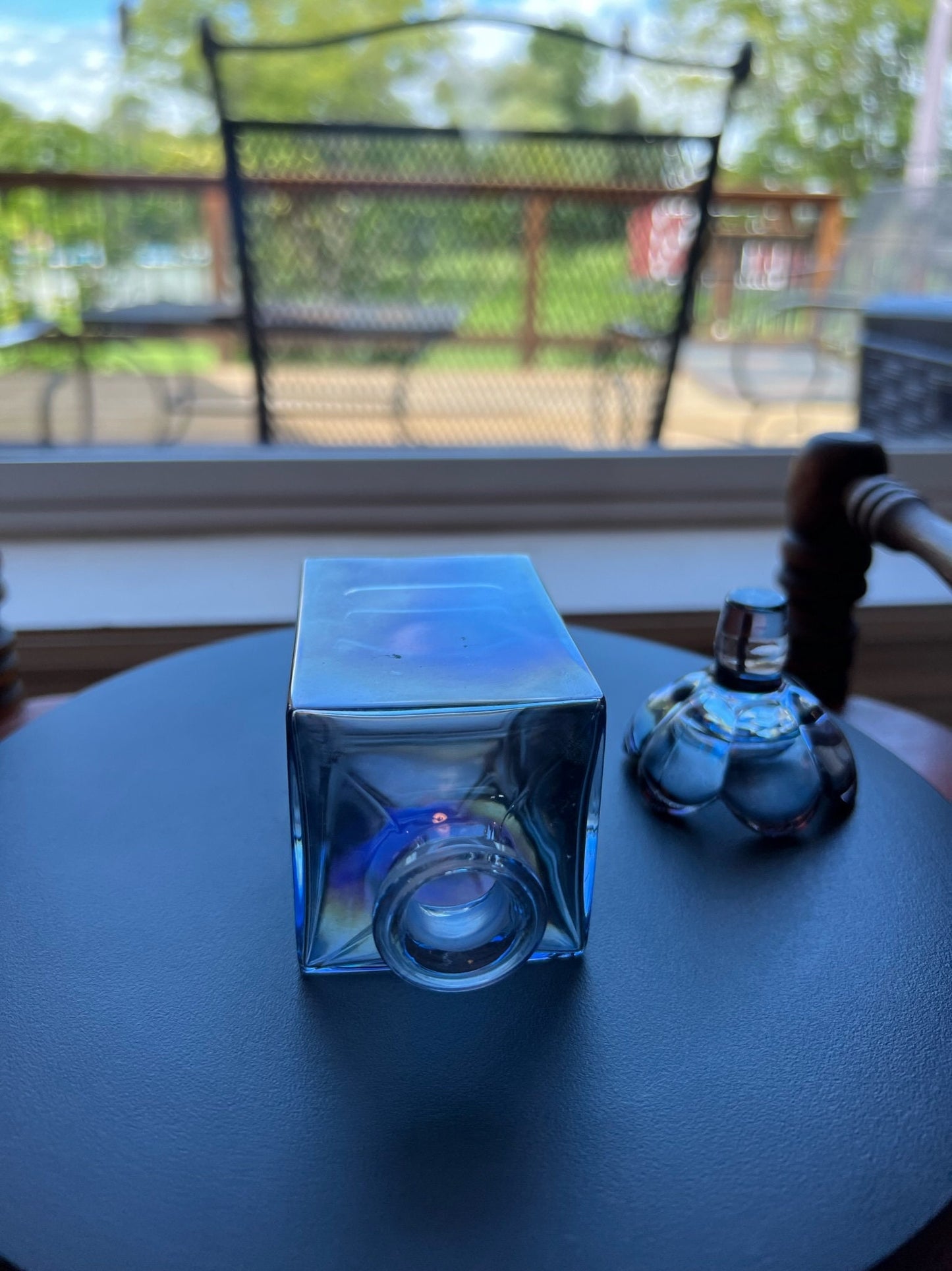 Vintage Blue Glass Perfume Decanter: Flower Stopper Art Glass