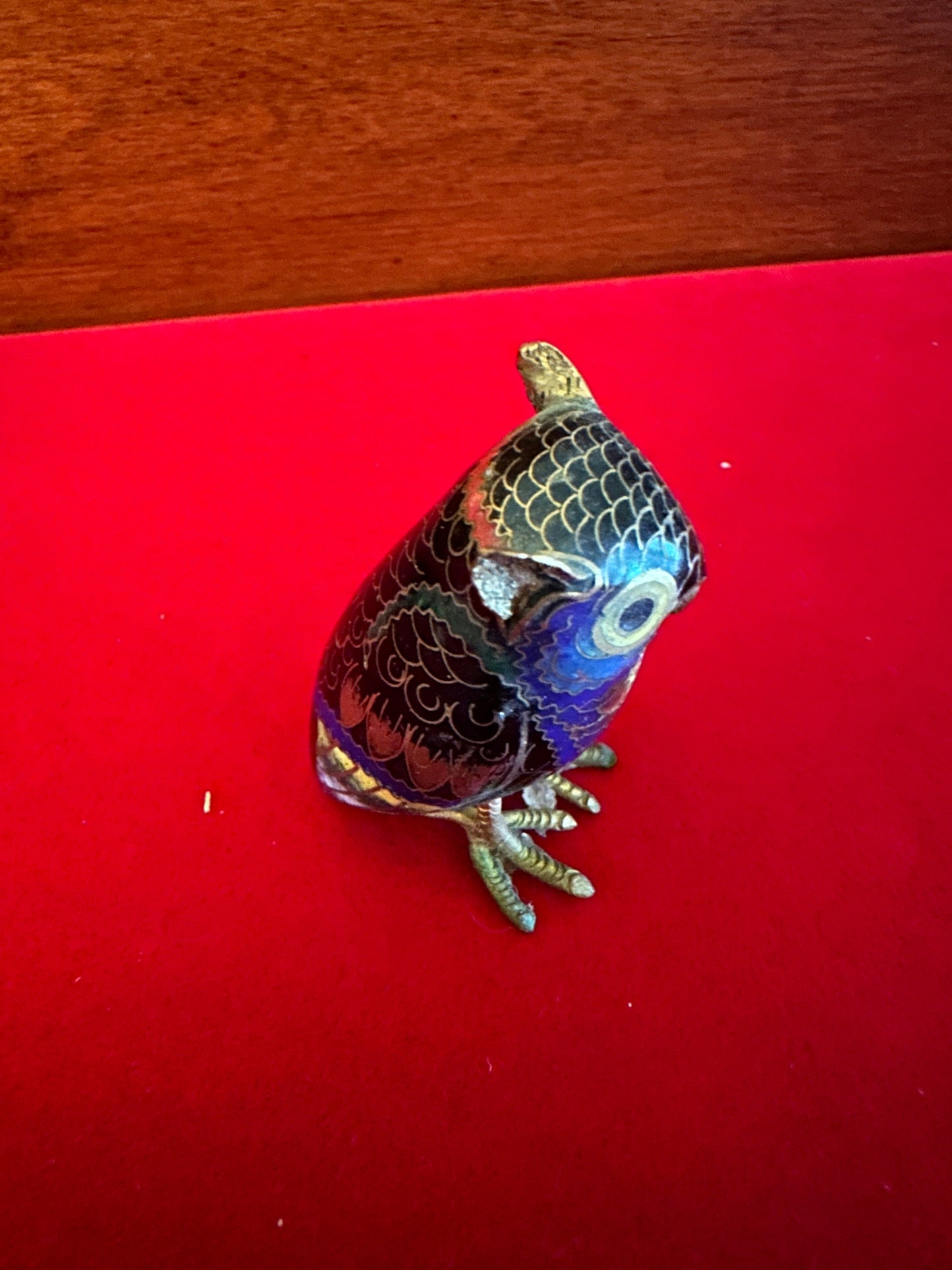 Antique Cloisonné Enamel Brass Owl Figurine: Cobalt Blue Decor