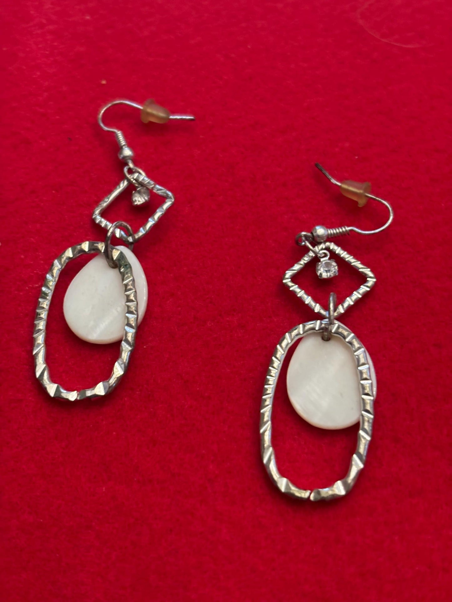 Vintage Pair of Silver Dangle Earrings with Diamond Shaped Top and Oval Bottom and Opal Style Stone
