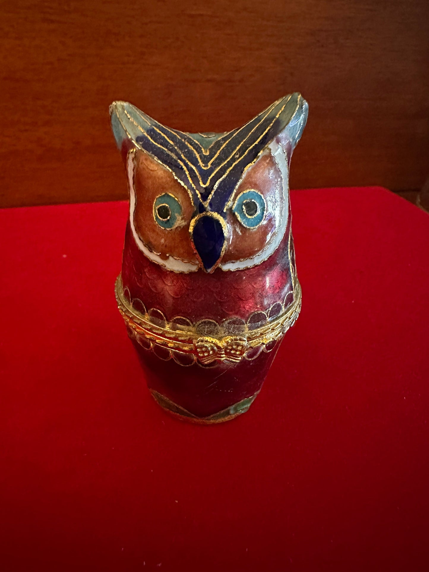 Vintage Cloisonné Owl Trinket Box: Red Enameled Brass Figurine