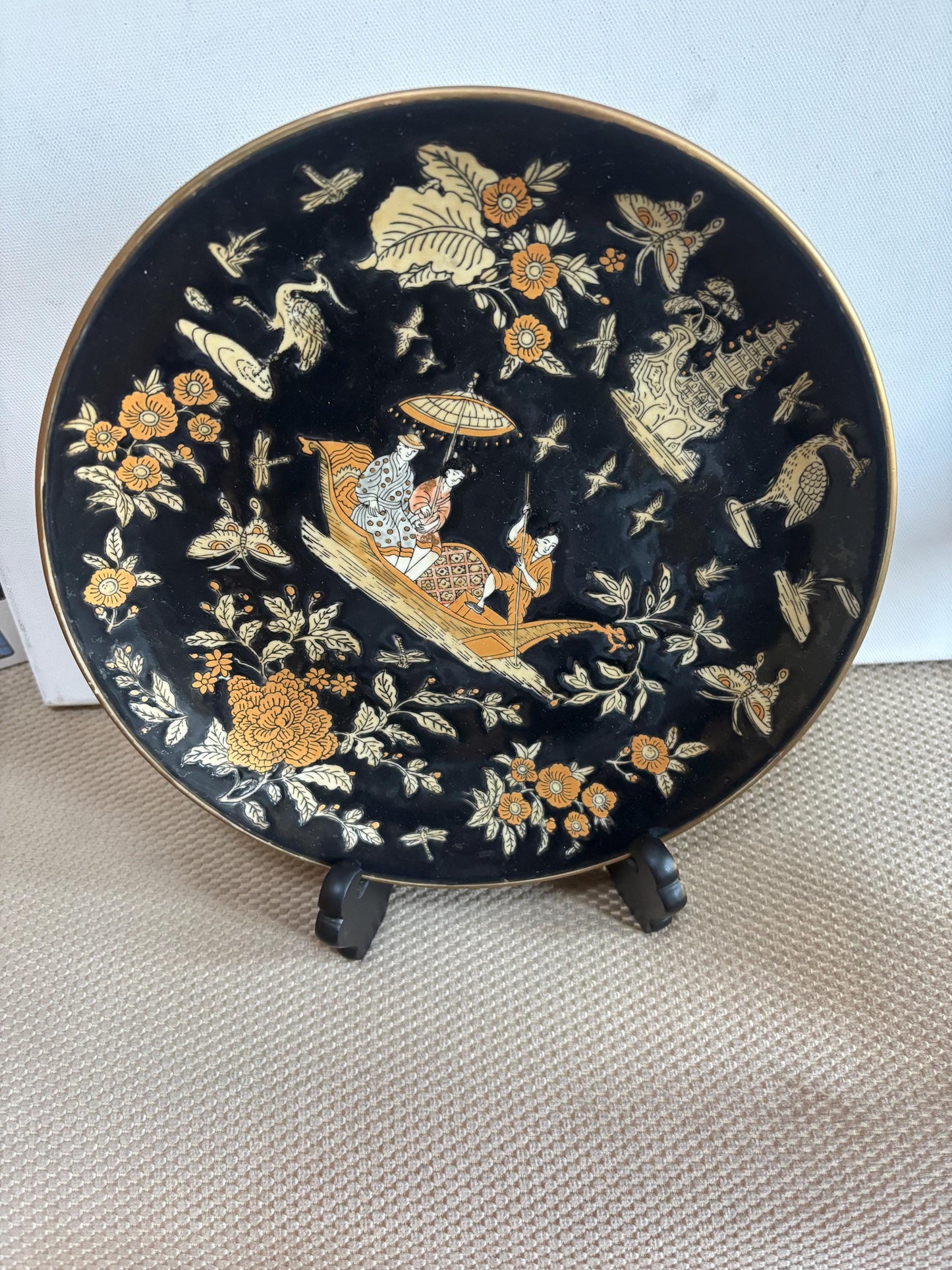 Vintage Sevres Porcelain Plate with Chinoiserie Design Chinese Plate with Stand Black Background with Gold Trim Lover Antiques and Vintage