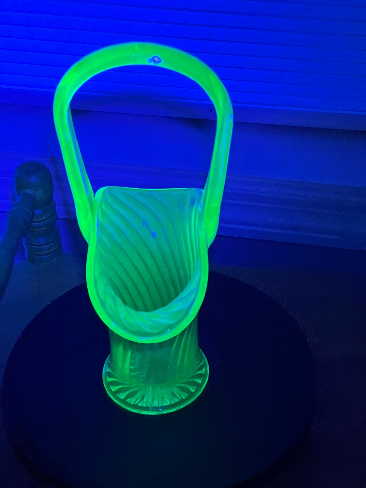 Vintage Uranium Glass Basket, Optical Imperial Glass, Glowing Green