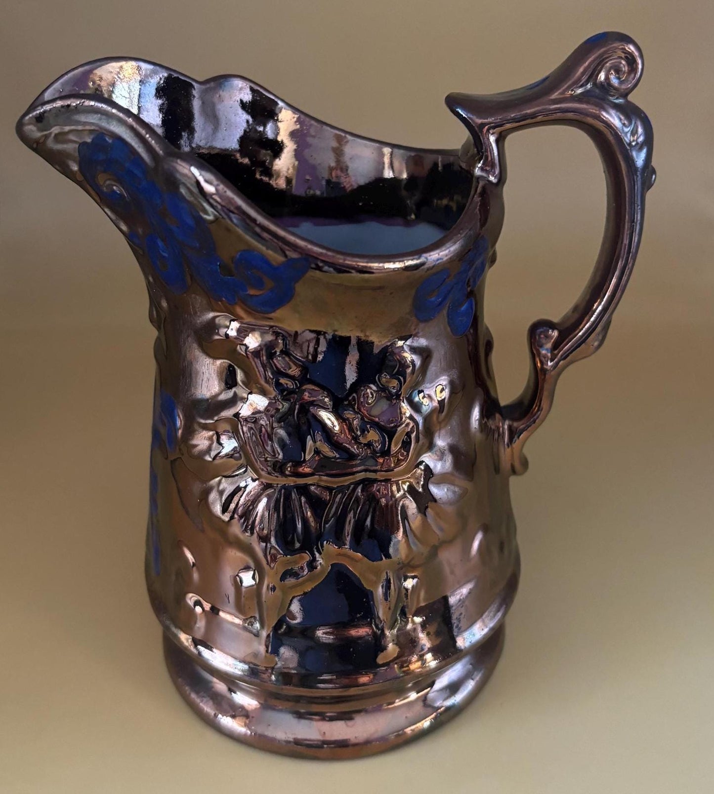 Antique Stafforshire Hand Painted Copper Lustreware Pitcher Circa 1880’s Dancing Couple Lover Antiques and Vintage