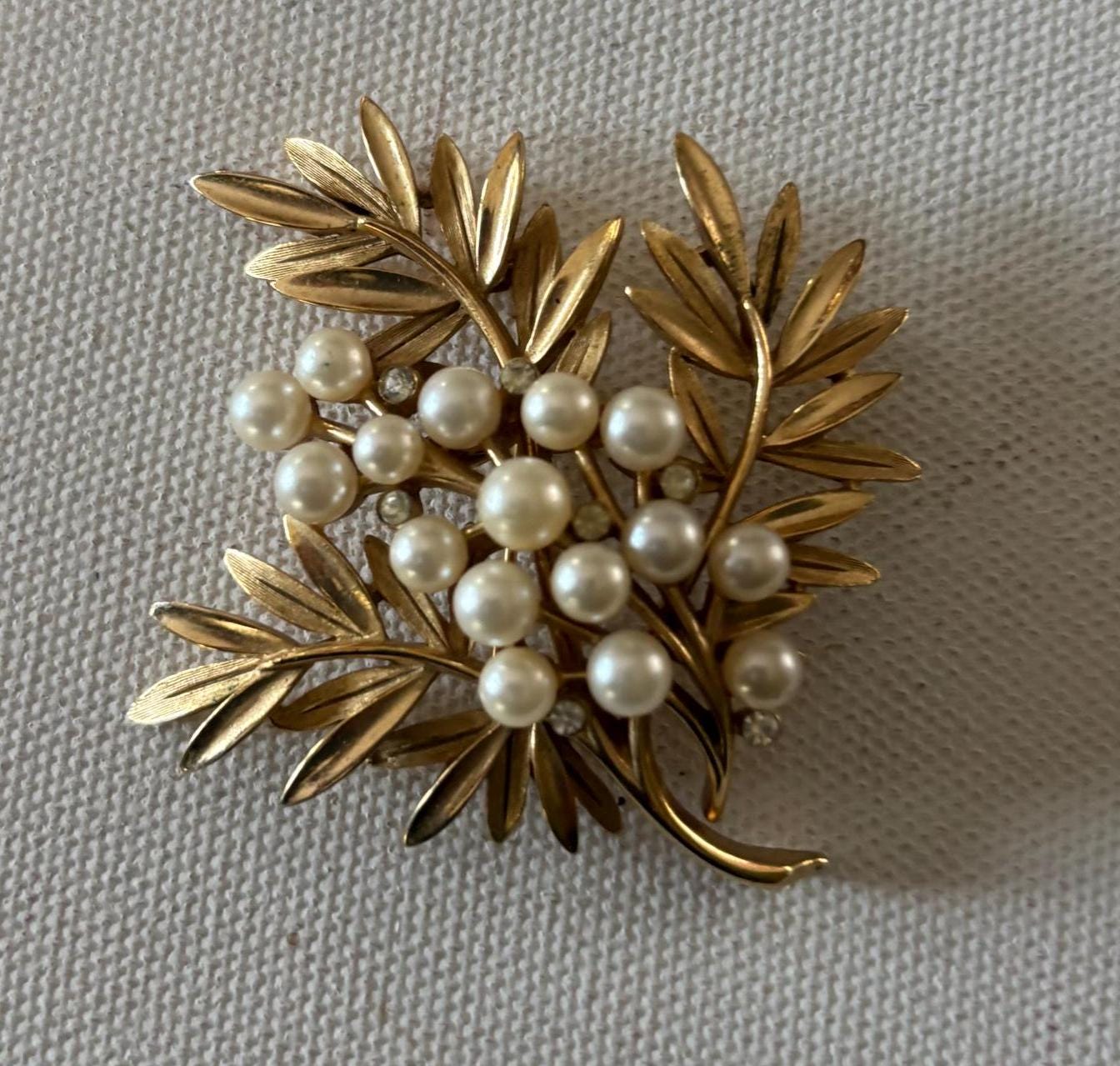 Vintage Crown Trifari Leaf Faux Pearl Brooch Gold Tone Pin Coat Pin Lover Antiques and Vintage