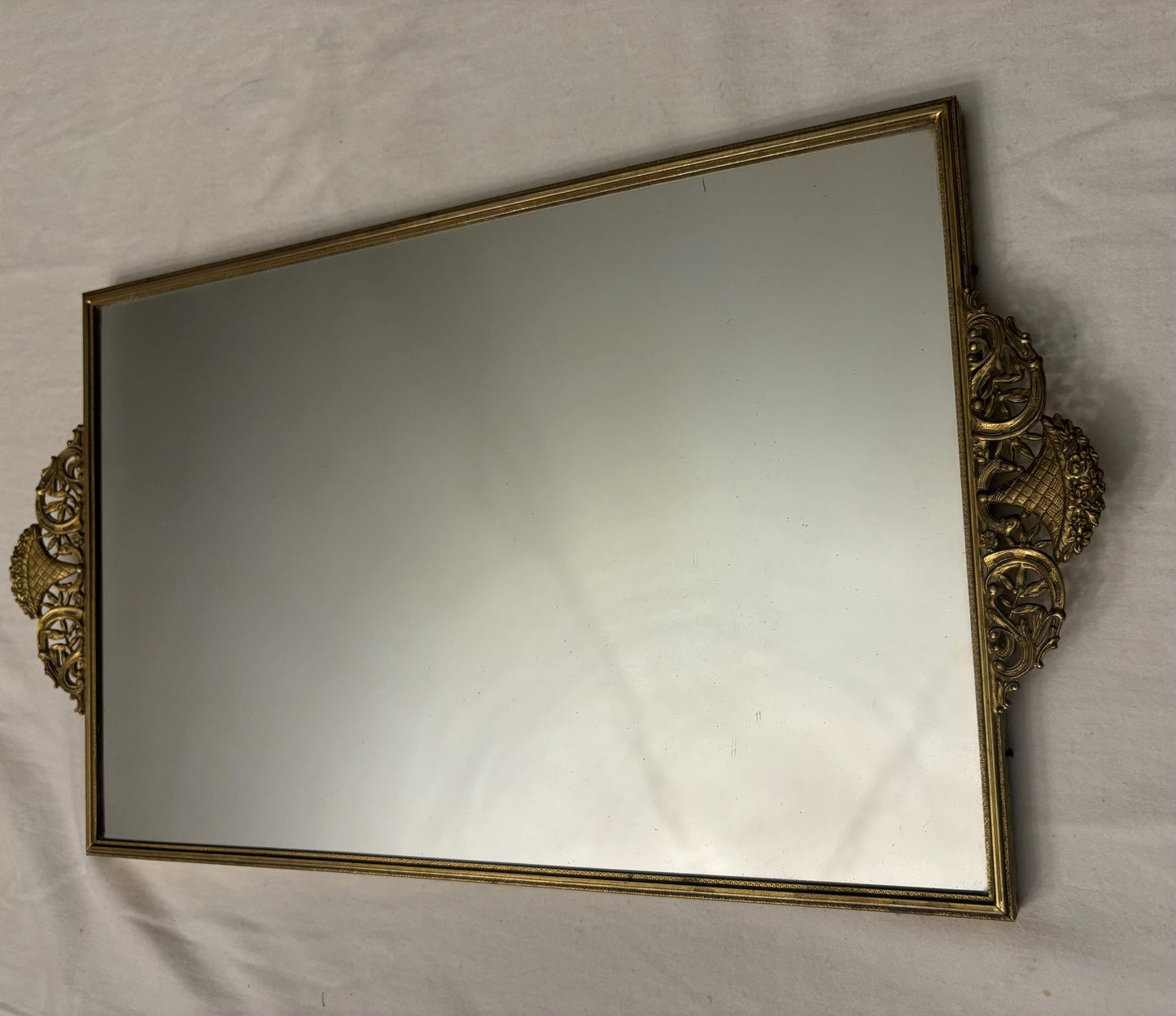 Vintage Gold Filagree Large Rectangular Mirror For Dresser Tray with Flower Design Handles Lover Antiques and Vintage