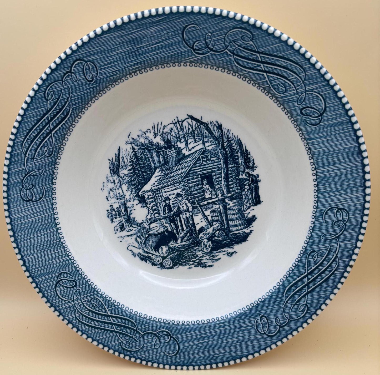Vintage Currier & Ives by Royal China Bowl Blue White Outdoor Fire Side Near Cabin Scene Lover Antiques and Vintage