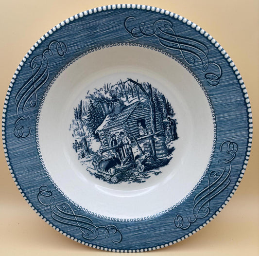 Vintage Currier & Ives by Royal China Bowl Blue White Outdoor Fire Side Near Cabin Scene Lover Antiques and Vintage
