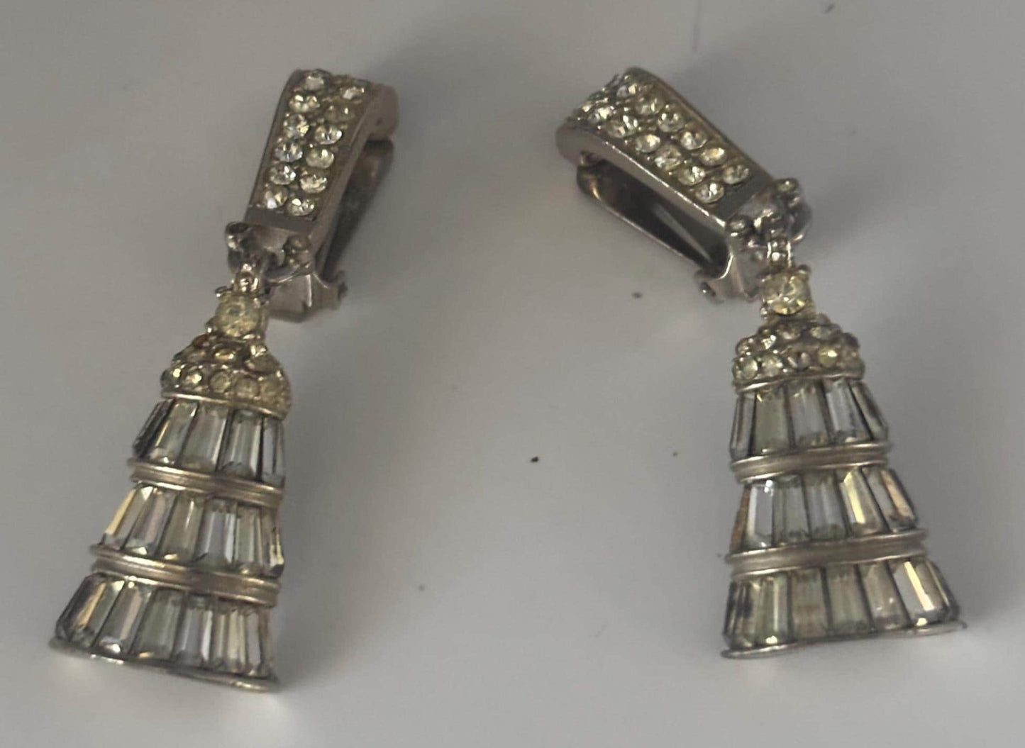 Pennino Rhinestone Earrings, Silver Three Tiered Baguette Cut Design, Bell Shaped