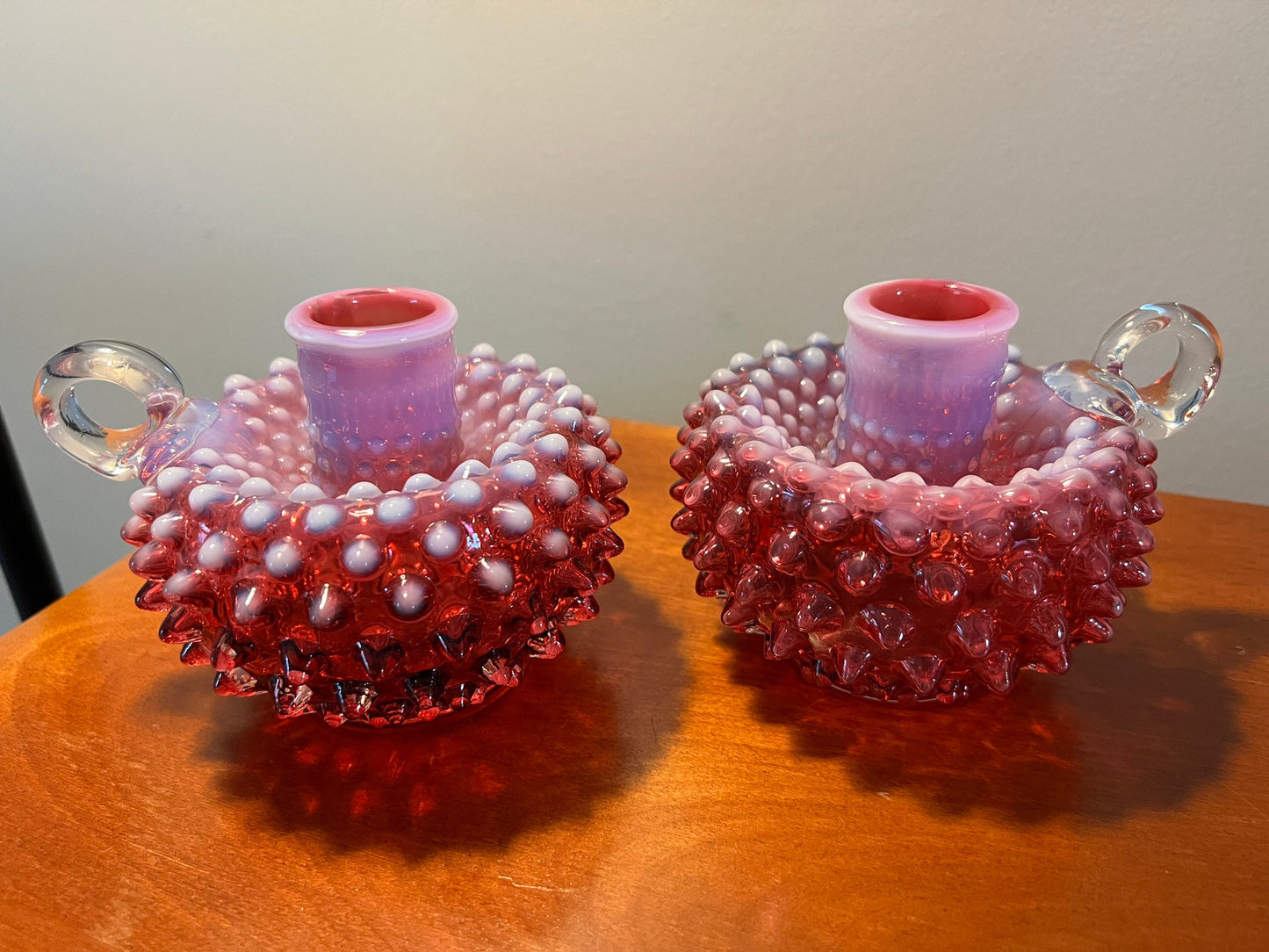 Vintage Fenton Cranberry Opalescent Hobnail Candleholder Pair Art Glass Pink Rose vintage