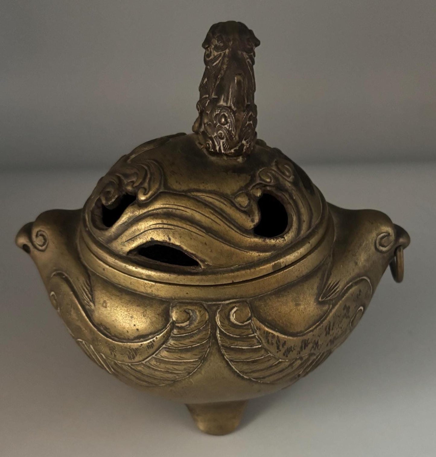 Antique Bronze Chinese Censer Incense Burner Bowl with Lid Koro with Foo Dog Lover Antiques and Vintage