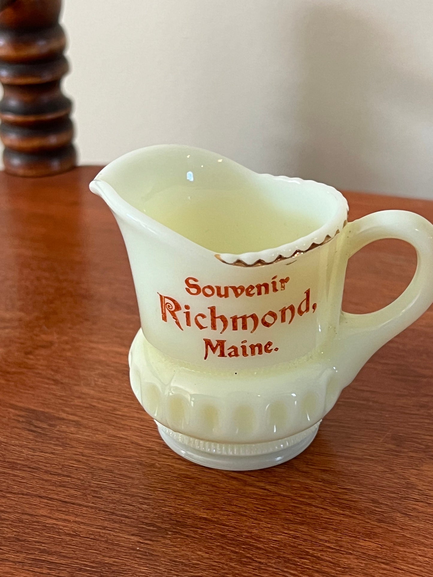 Vintage Heisey Uranium Glass Mini Pitcher: Richmond, Maine Souvenir