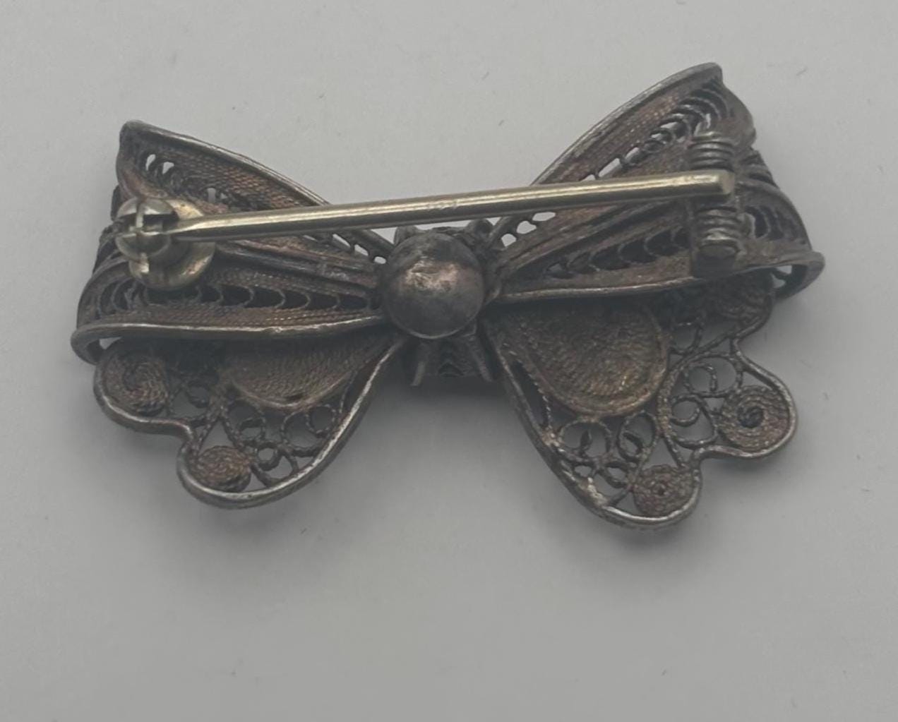 Sterling Silver Filigree Bow Brooch, Tied Ribbow Bow Pin, Lover Antiques and Vintage