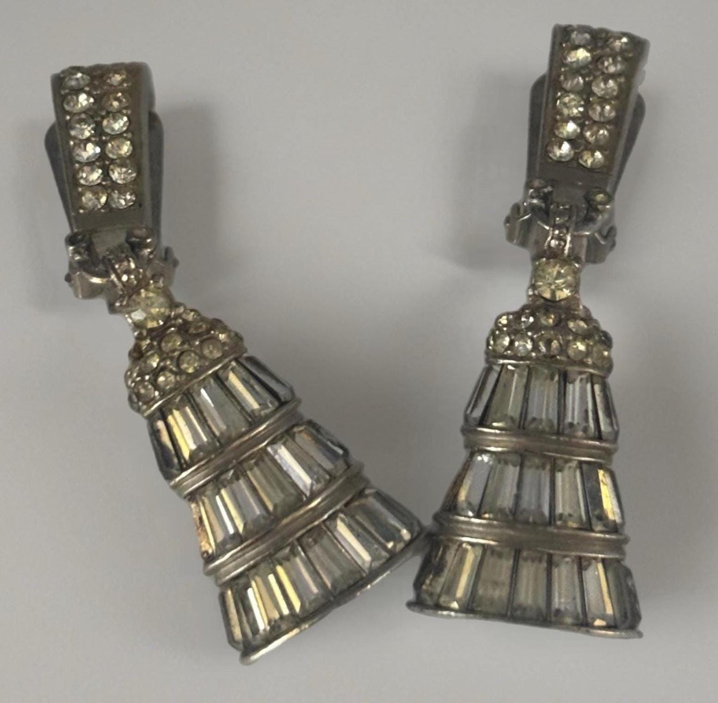 Pennino Rhinestone Earrings, Silver Three Tiered Baguette Cut Design, Bell Shaped