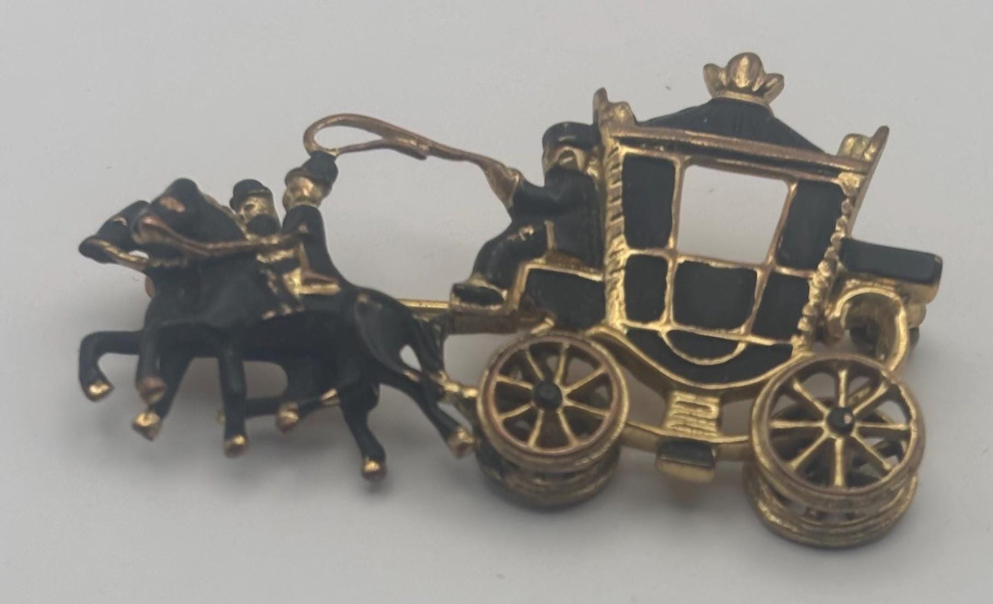 Vintage Carriage Stagecoach Horse Pin Black Enamel Gold Brooch Lover Antiques and Vintage
