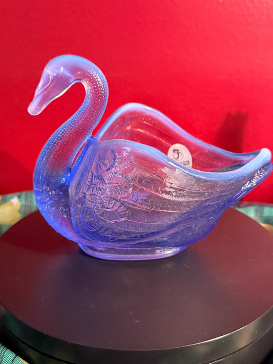 Vintage Fenton Blue Opalescent Glass Swan Candy Dish: Art Glass Decor