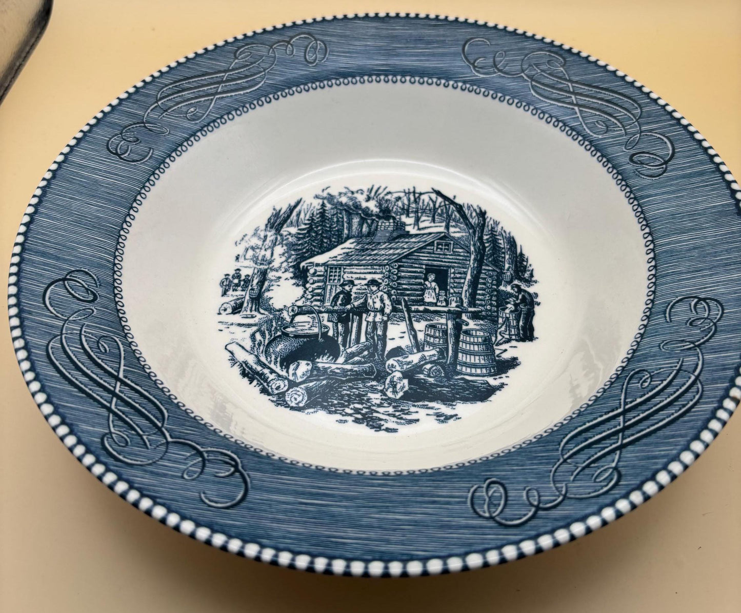Vintage Currier & Ives by Royal China Bowl Blue White Outdoor Fire Side Near Cabin Scene Lover Antiques and Vintage
