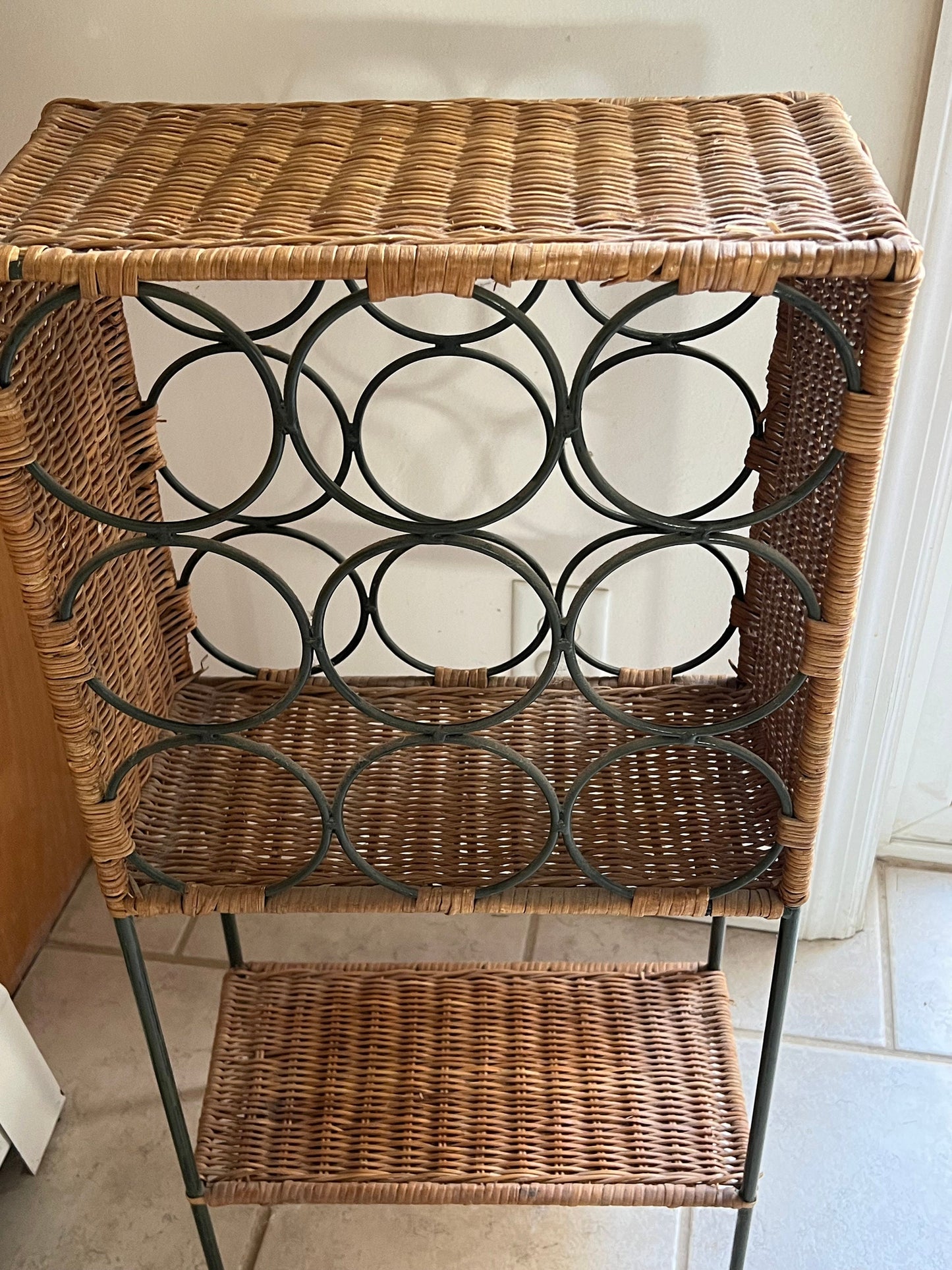 Vintage Wicker and Metal Wine Rack - 9 Bottle Holder