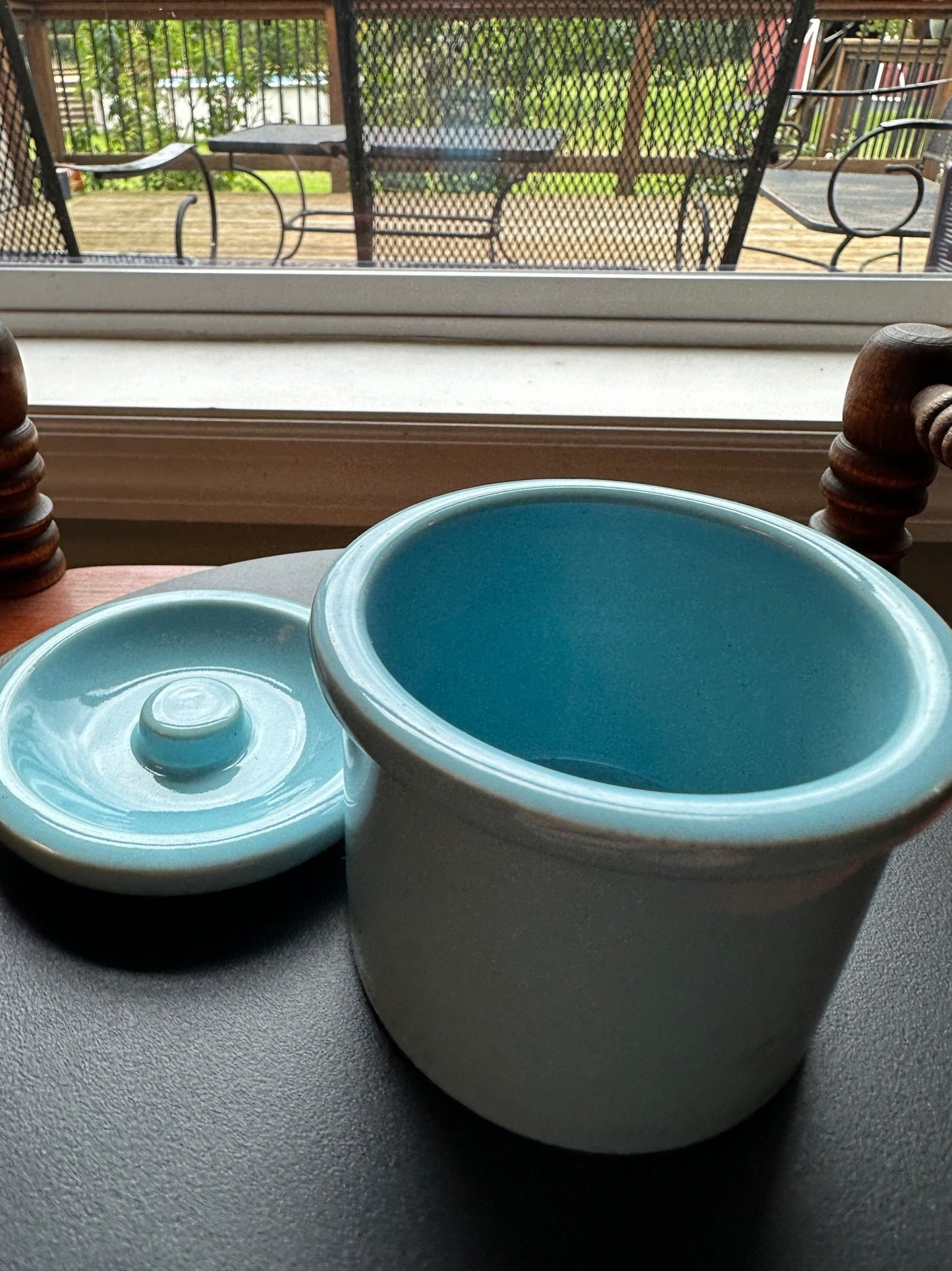 Vintage Blue Pottery Container with Lid: Folk Art Toothpick Holder