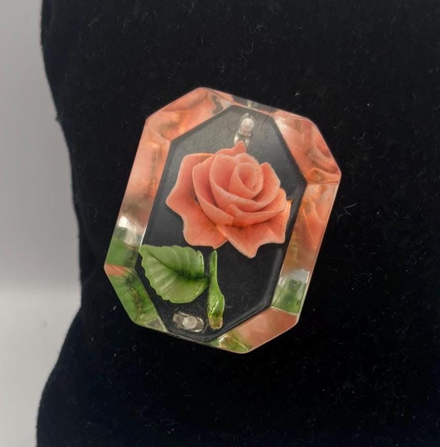 Reverse Rose Carved Lucite Rose Brooch Pin