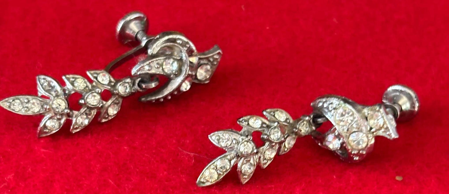 Bird and Leaf Rhinestone Silver Earrings