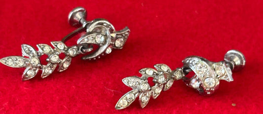 Bird and Leaf Rhinestone Silver Earrings