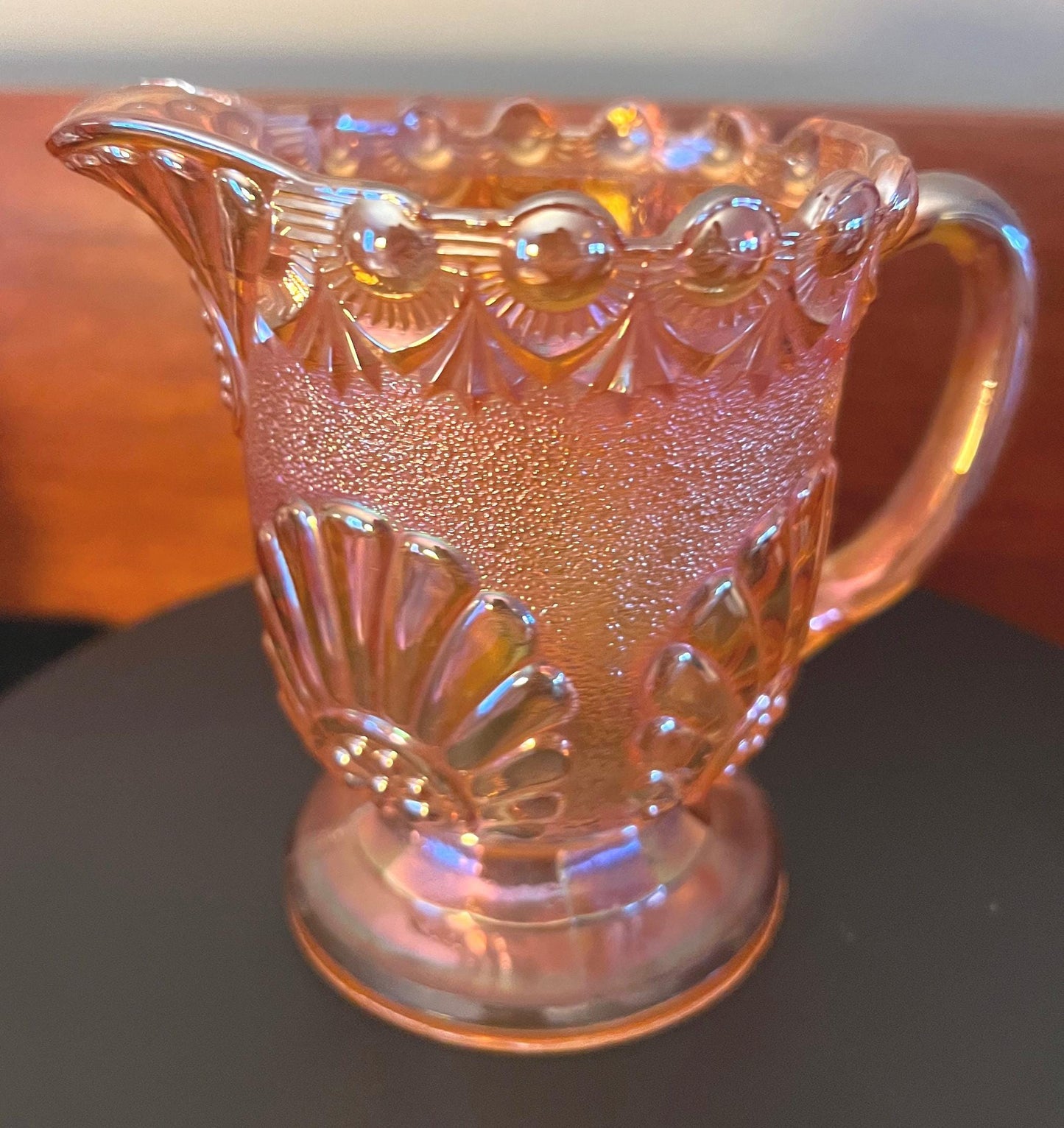 Vintage Westmoreland Marigold Iridescent Carnival Glass Creamer: Shell & Jewel Floral