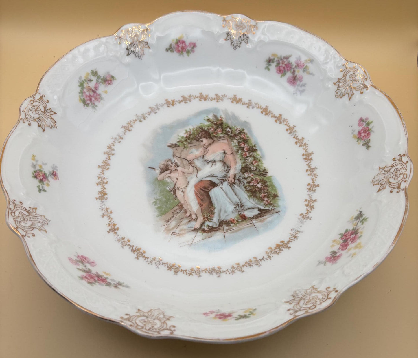 Antique Zeh Scherzer Bavaria Porcelain Bowl Z.S. & Co Plate Cupid and Maiden Surrounding Flowers Design Lover Antiques and Vintage