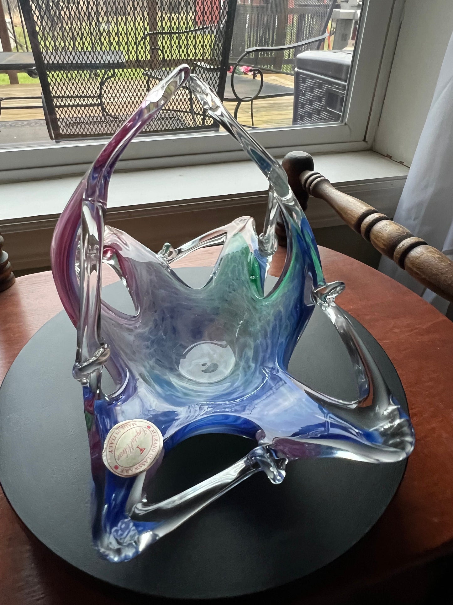 Vintage Murano Art Glass Basket Bowl: Lavorazione Blown Glass, Italy