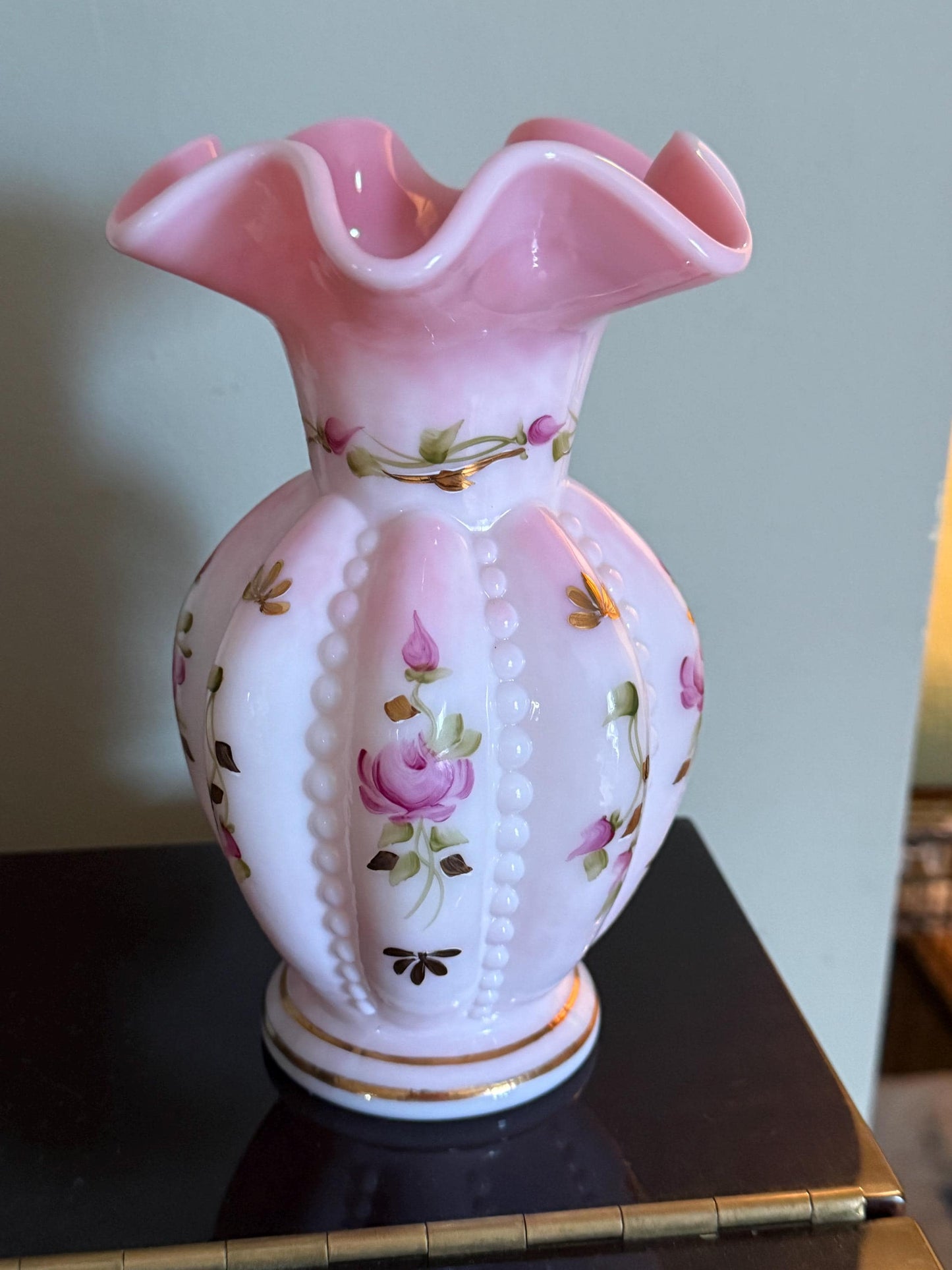 Fenton Rosalene Beaded Melon Vase, Charleton Rose Collection, Hand Painted By Linda Everson