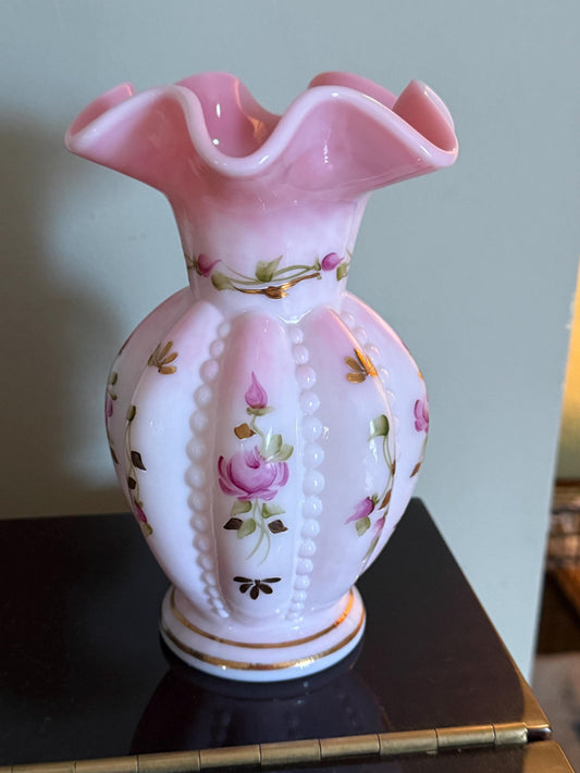 Fenton Rosalene Beaded Melon Vase, Charleton Rose Collection, Hand Painted By Linda Everson