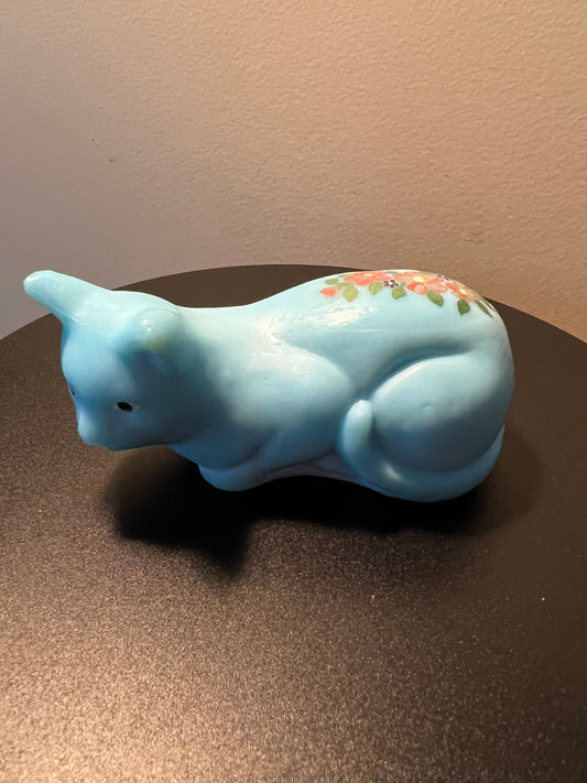 Vintage Mosser Blue Glass Cat Figurine: Hand Painted Floral Decor