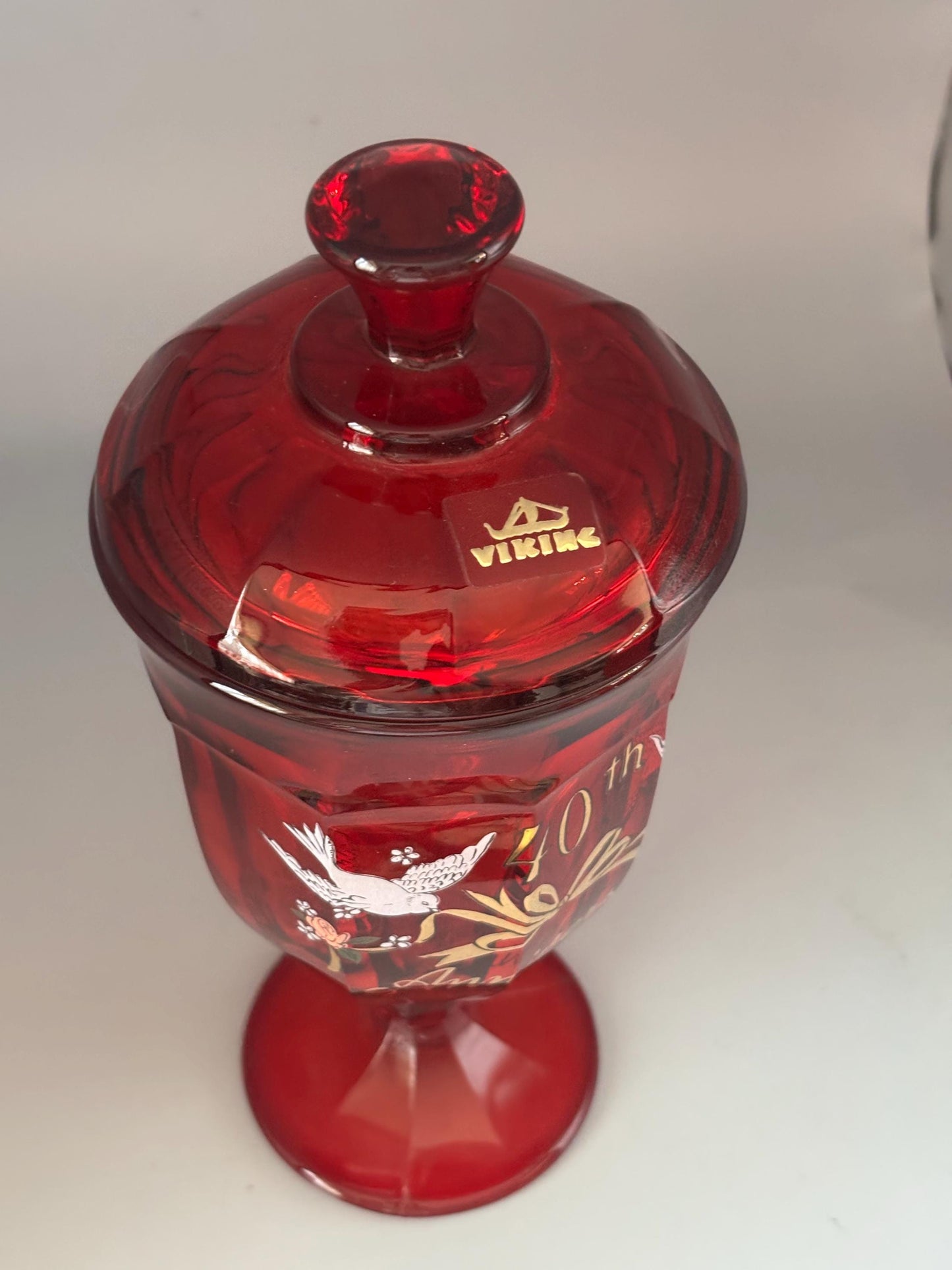 Viking Glass Ruby Red 40th Anniversary Glass Covered Candy Dish Lover Antiques and Vintage