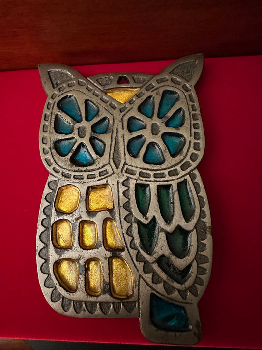 Vintage Cast Iron Owl Trivet: Stained Glass Accent, Mid Century Art