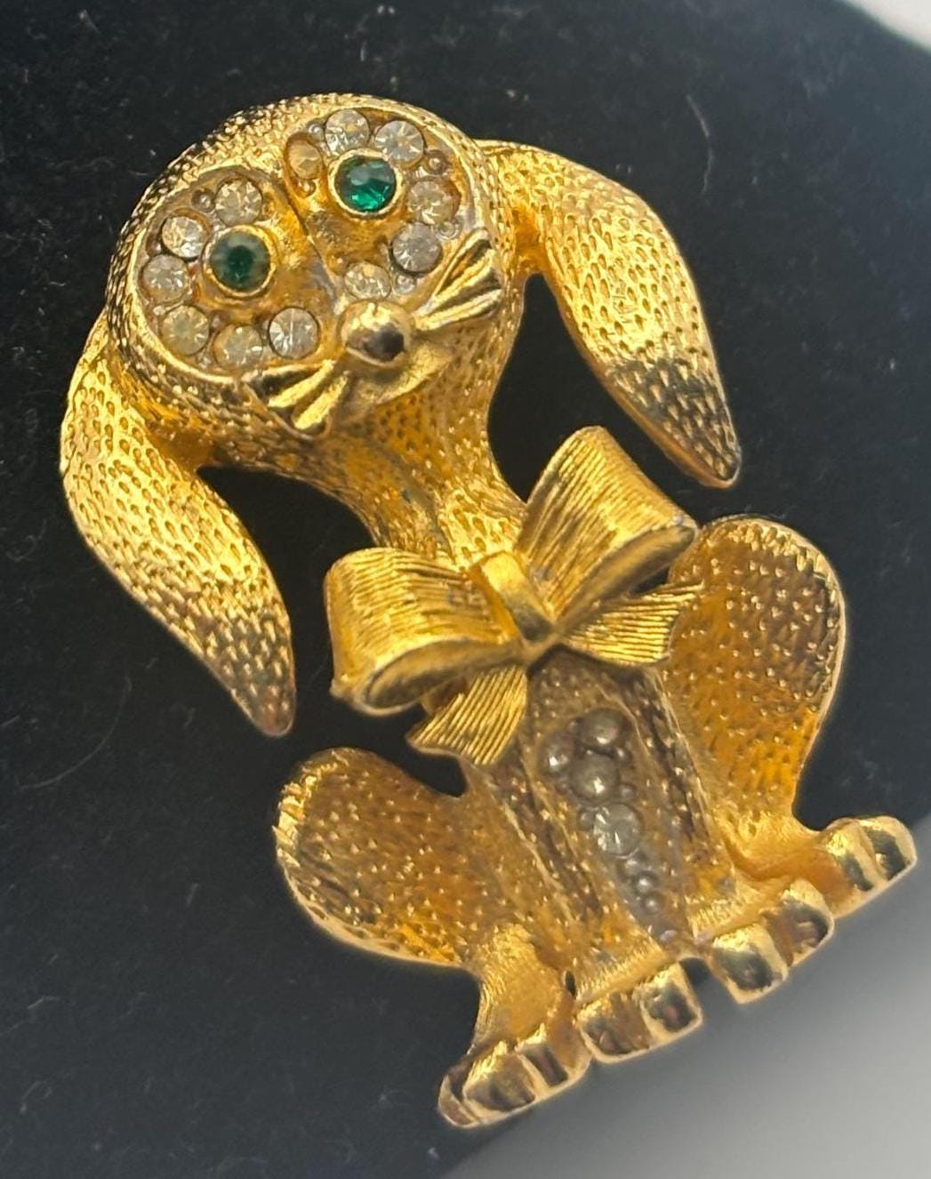 Gold Puppy with Green Rhinestone Eyes Pin, Dog with Bow Brooch, Signed SAO