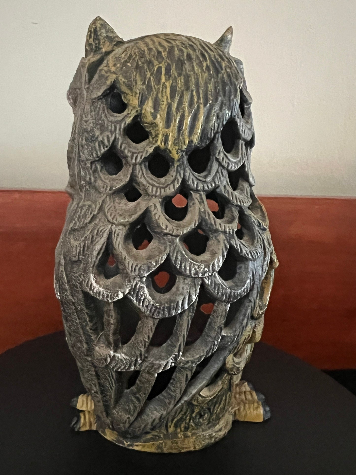 Antique Cast Iron Owl Candle Lamp: Original Patina