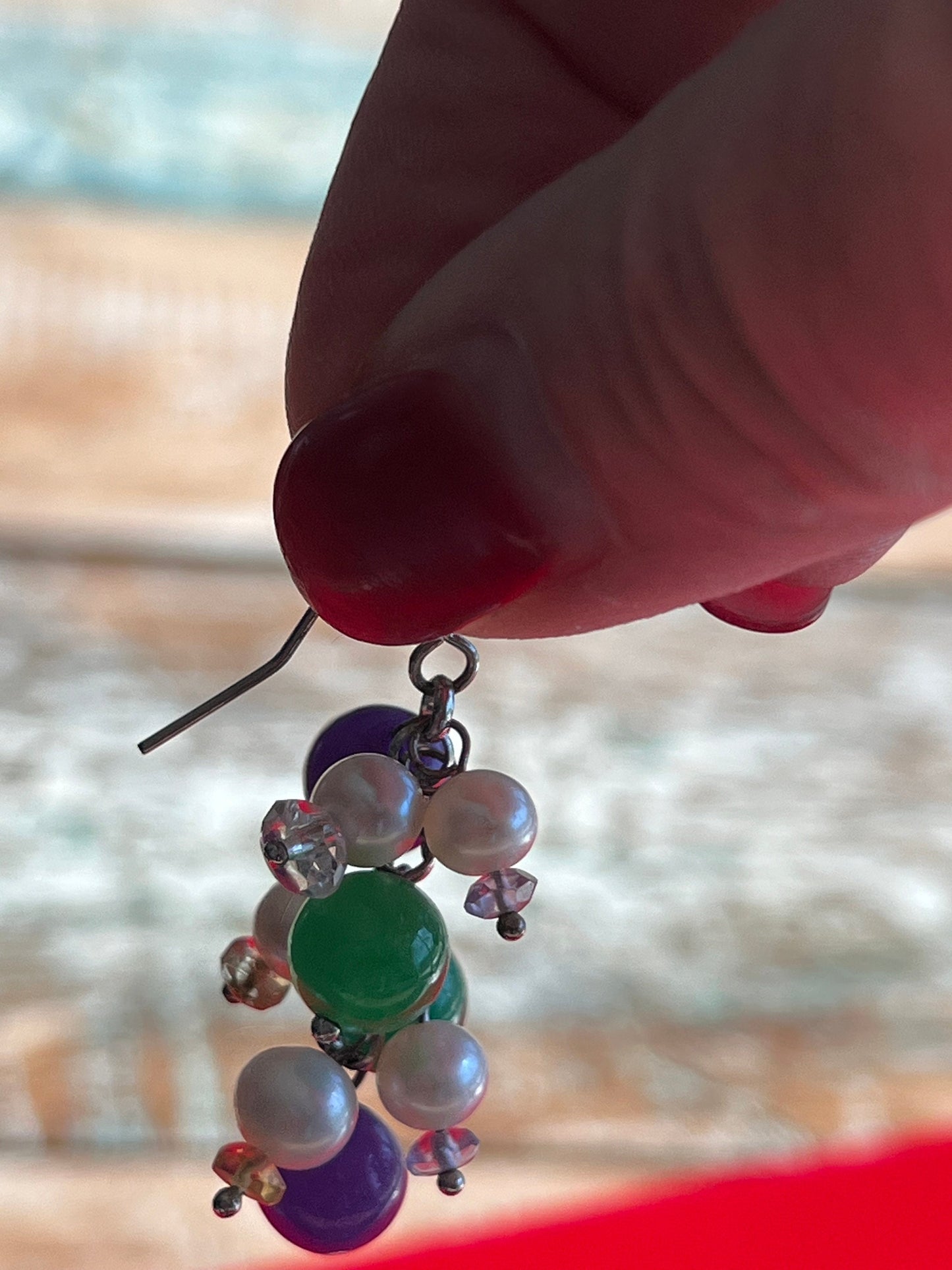 Vintage Cha Cha Earrings: Purple, Green, and White Beaded Jewelry
