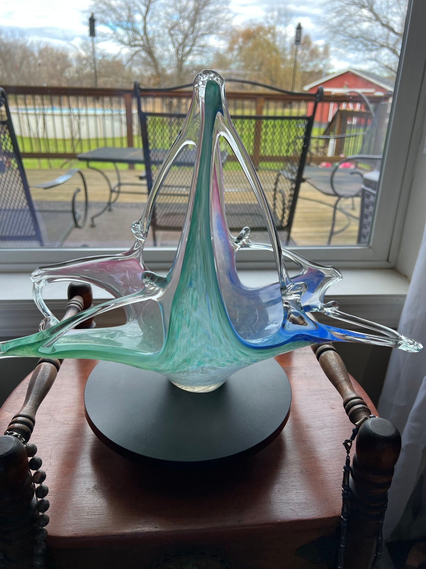 Vintage Lavorazione Murano Art Glass Bowl: Large Blown Glass Basket, Blue Pink Green
