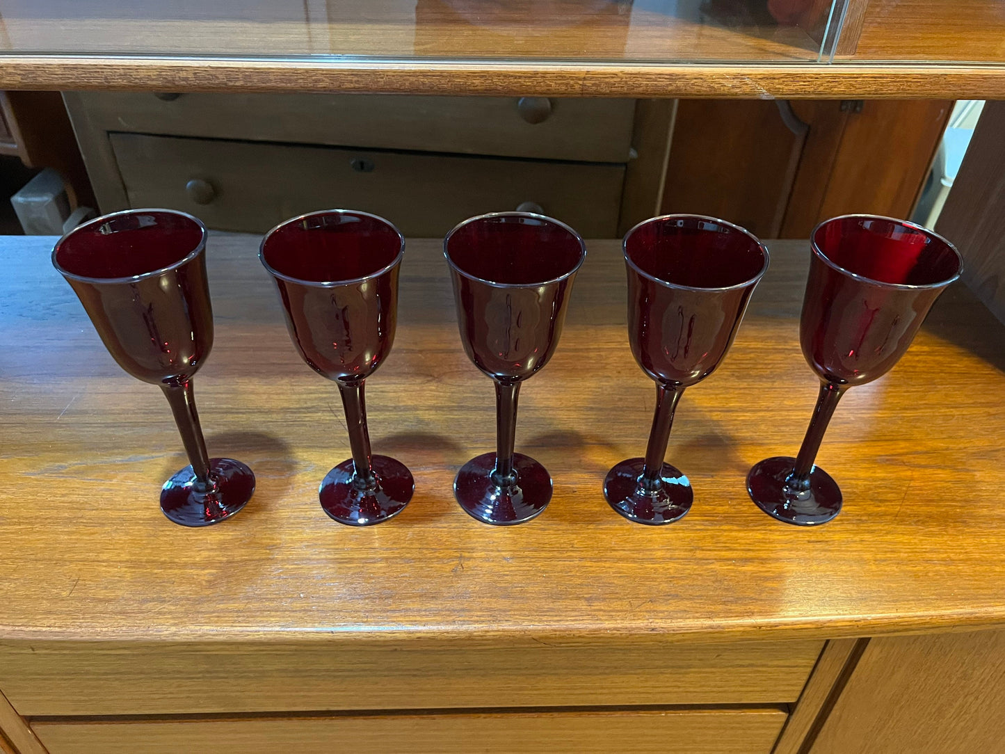 Vintage Ruby Red Glass Tall Glasses Set of 5 Art Glasses 12.5” high 3.5” wide at the top