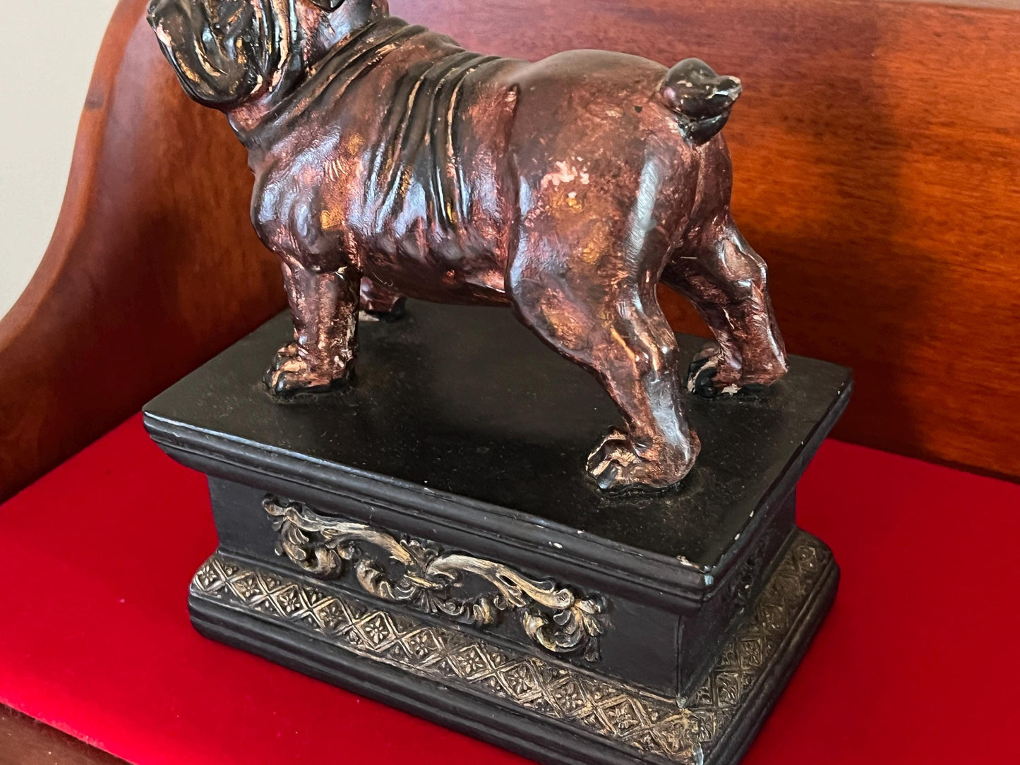 Vintage Brown Bulldog Statue with Fleur de Lis Base