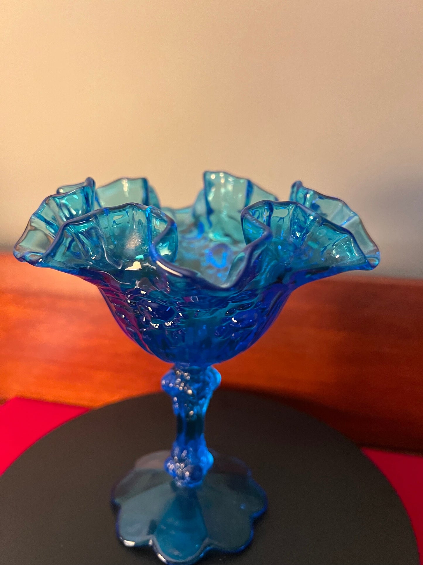 Vintage Fenton Colonial Blue Ruffled Compote, Fenton Art Glass, Candy Dish, Fancy Blue Glass Art, Lover Antiques and Vintage