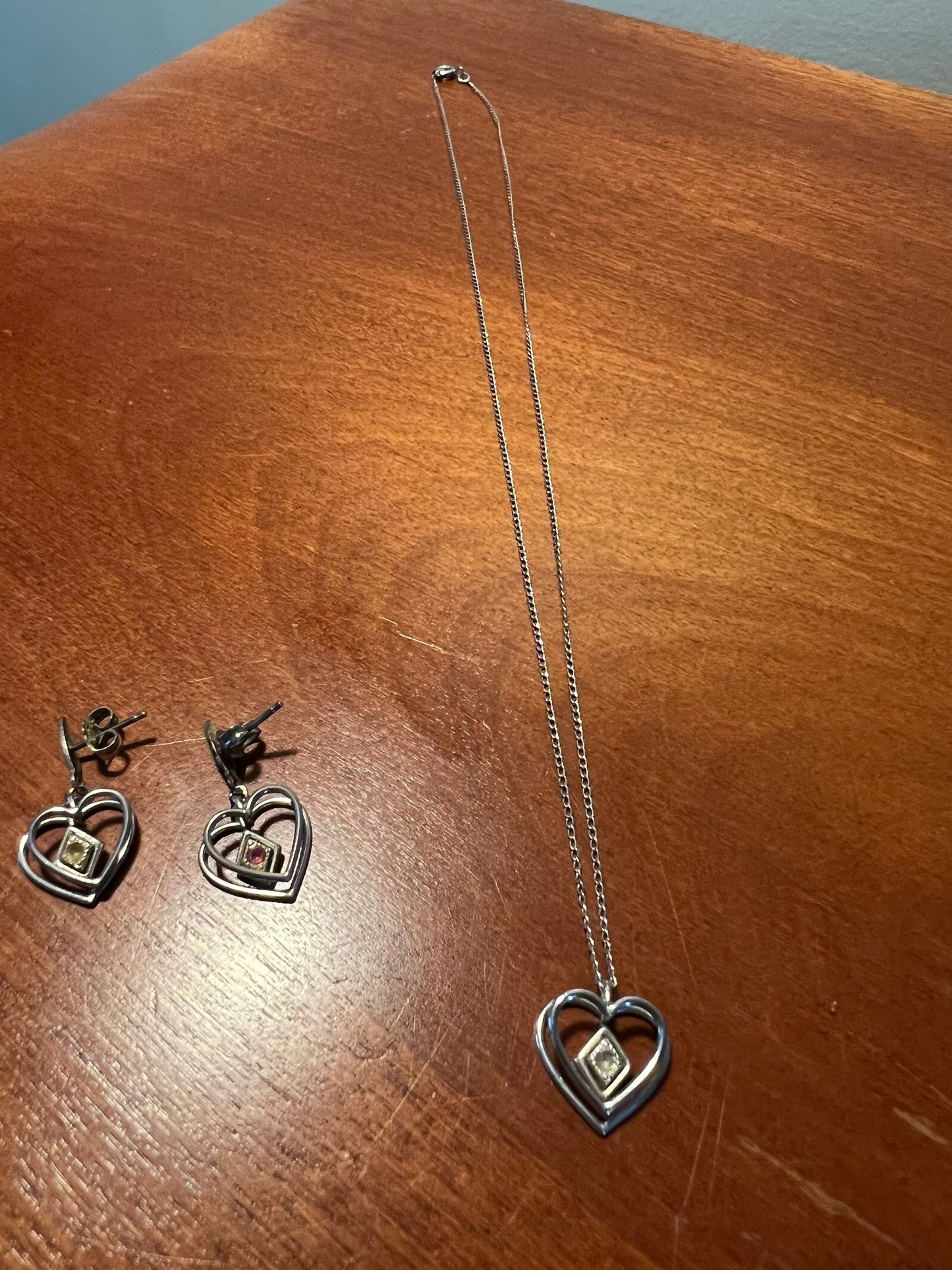 Vintage Silver Heart Earrings and Necklace Set