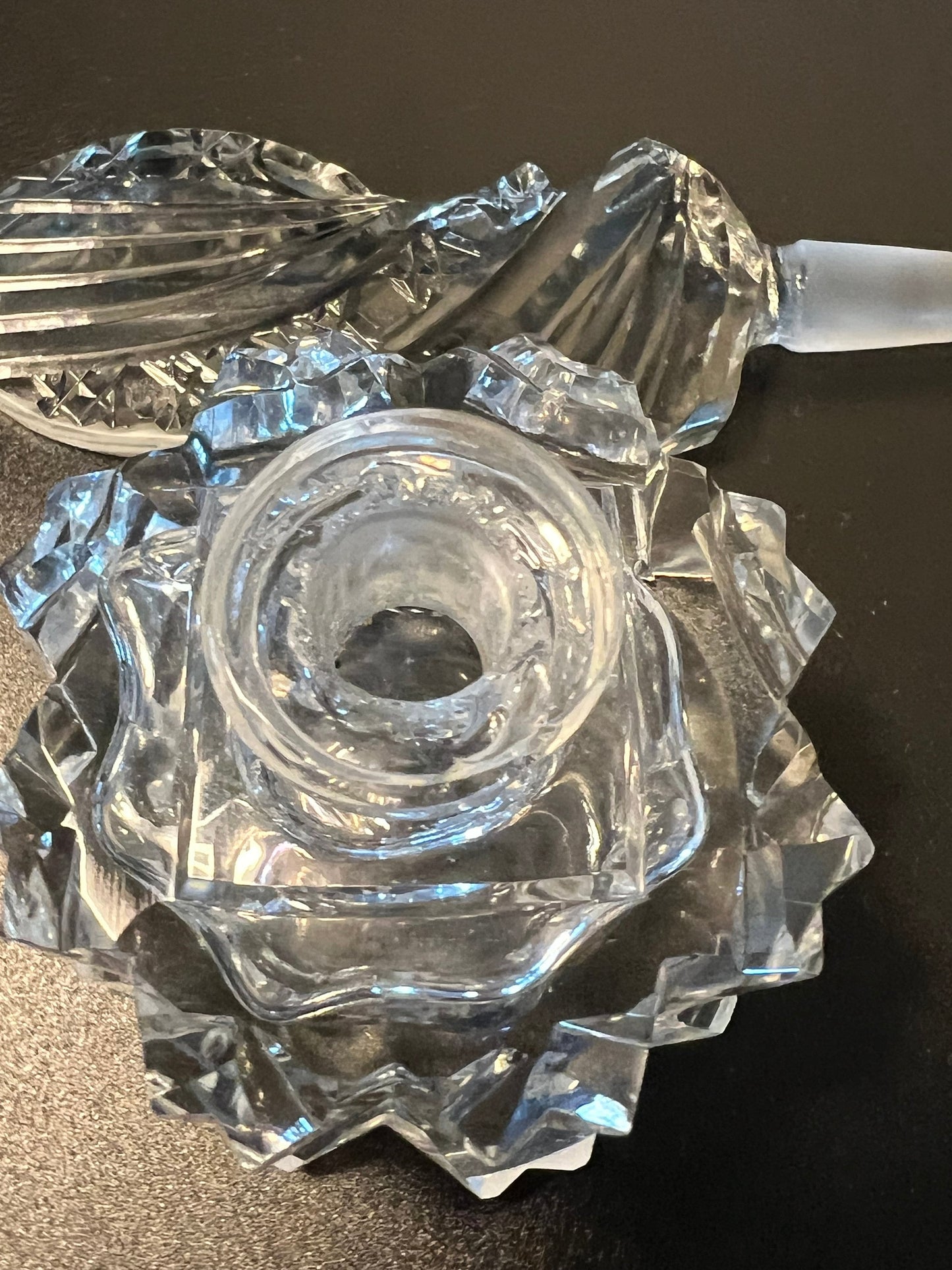 Vintage Cut Crystal Perfume Bottle: Etched Glass Stopper, Art Deco Display