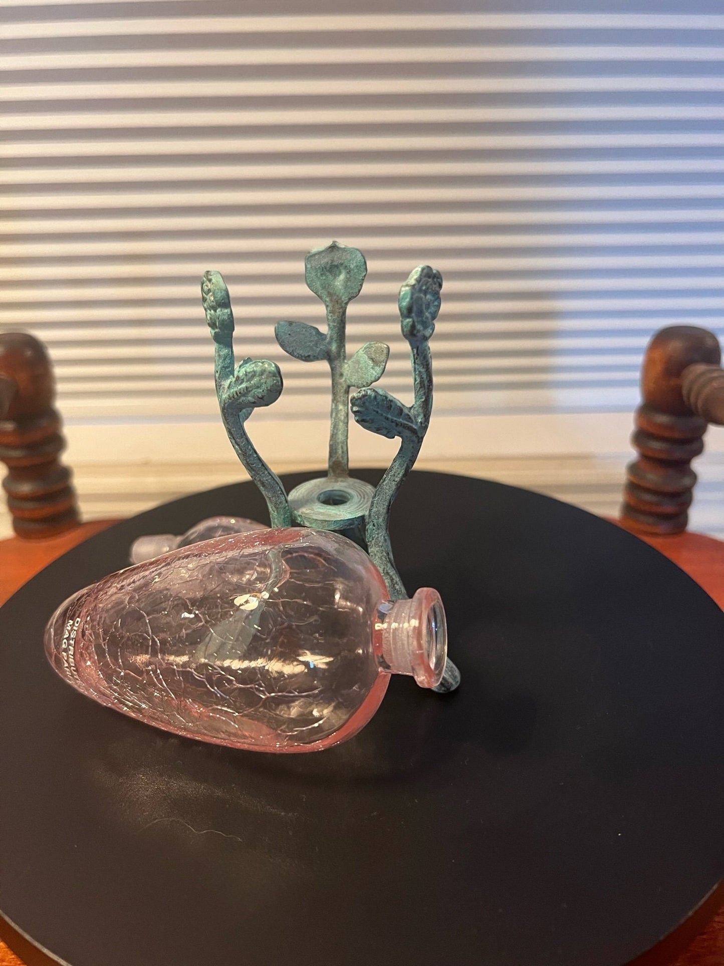 Vintage Pink Crackle Glass Perfume Bottle with Green Metal Stand