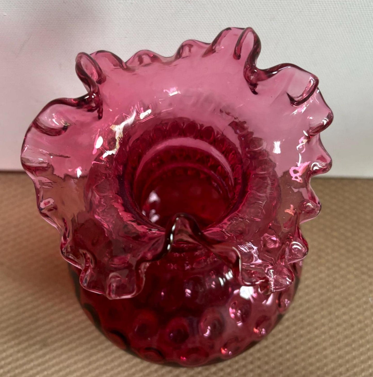 Vintage Fenton Cranberry Glass Vase Pink Ruffled Glass Art Pink Rose Vase Lover Antiques and Vintage