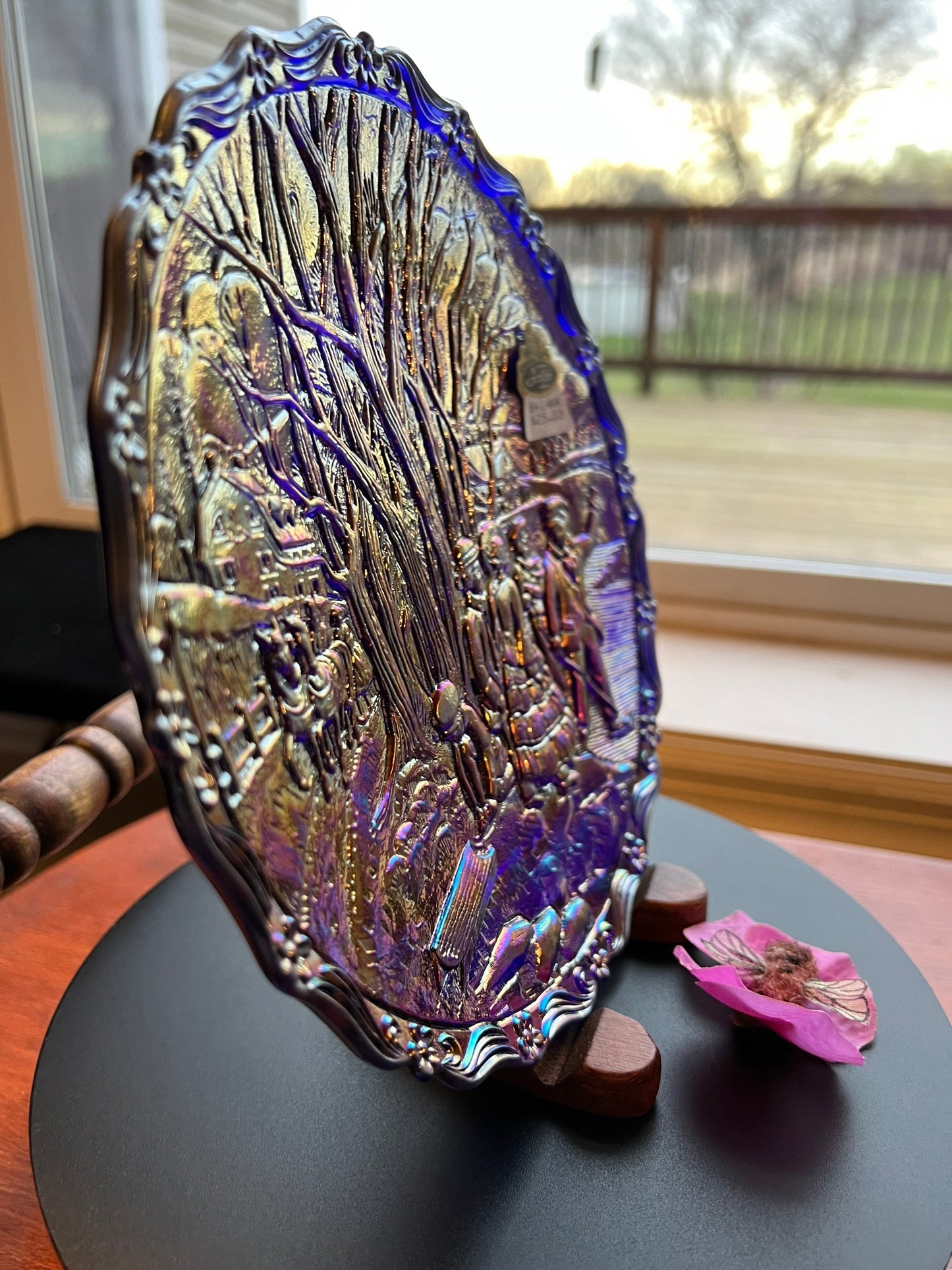 Vintage Fenton Winter Pastime Plate: Carnival Iridescent Purple Blue Glass