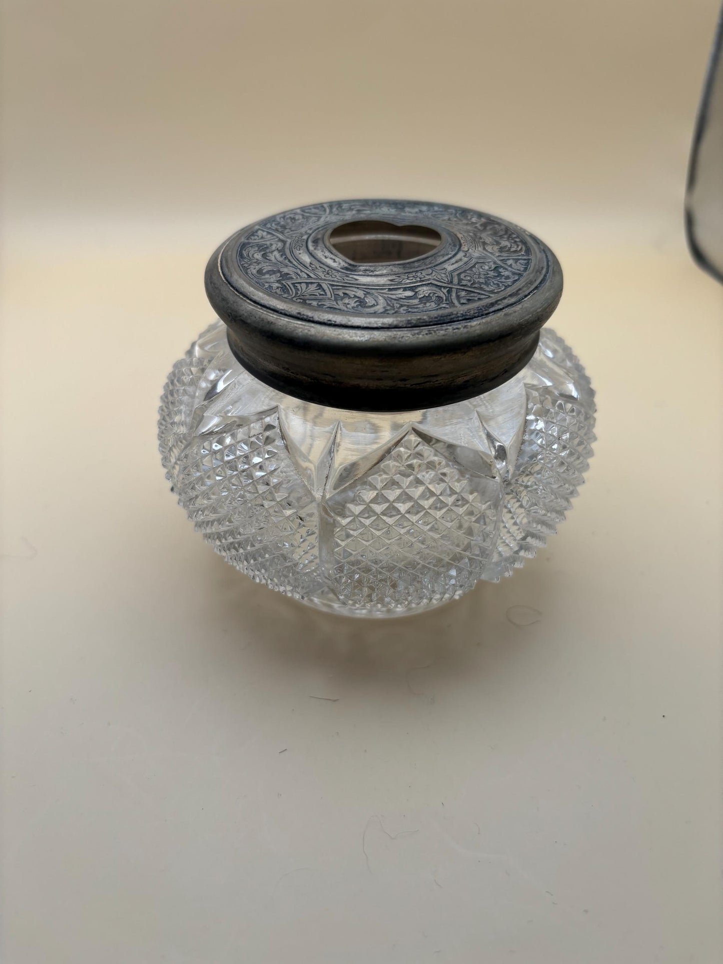 Antique Victorian Cut Crystal Hair Receiver Jar Sterling Silver Lid Lover Antiques and Vintage