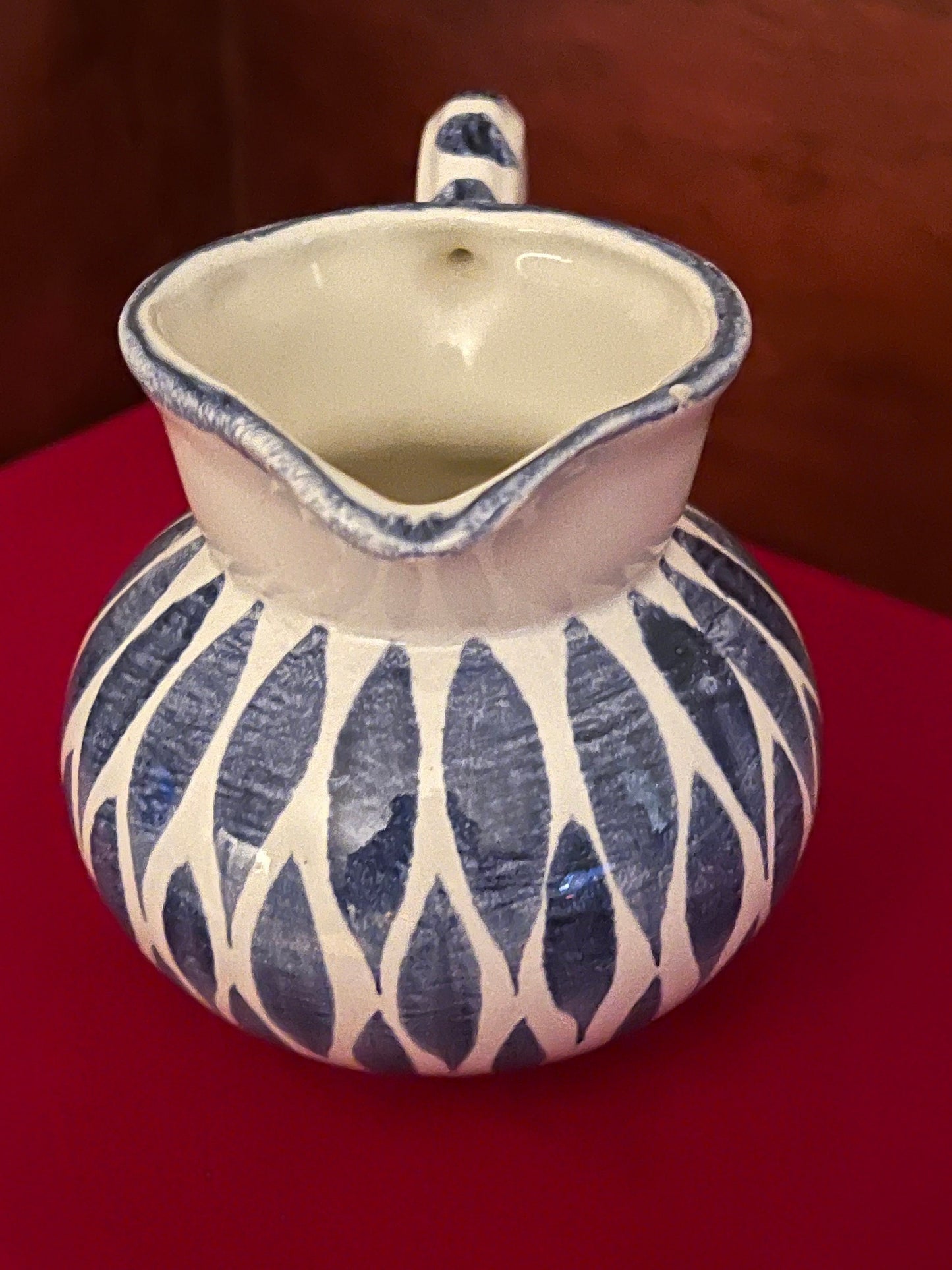 Ceramic Mini Pitcher with Blue Lattice Design, Mid Century Polka Dot Jug, Home Decor, Gift for Her