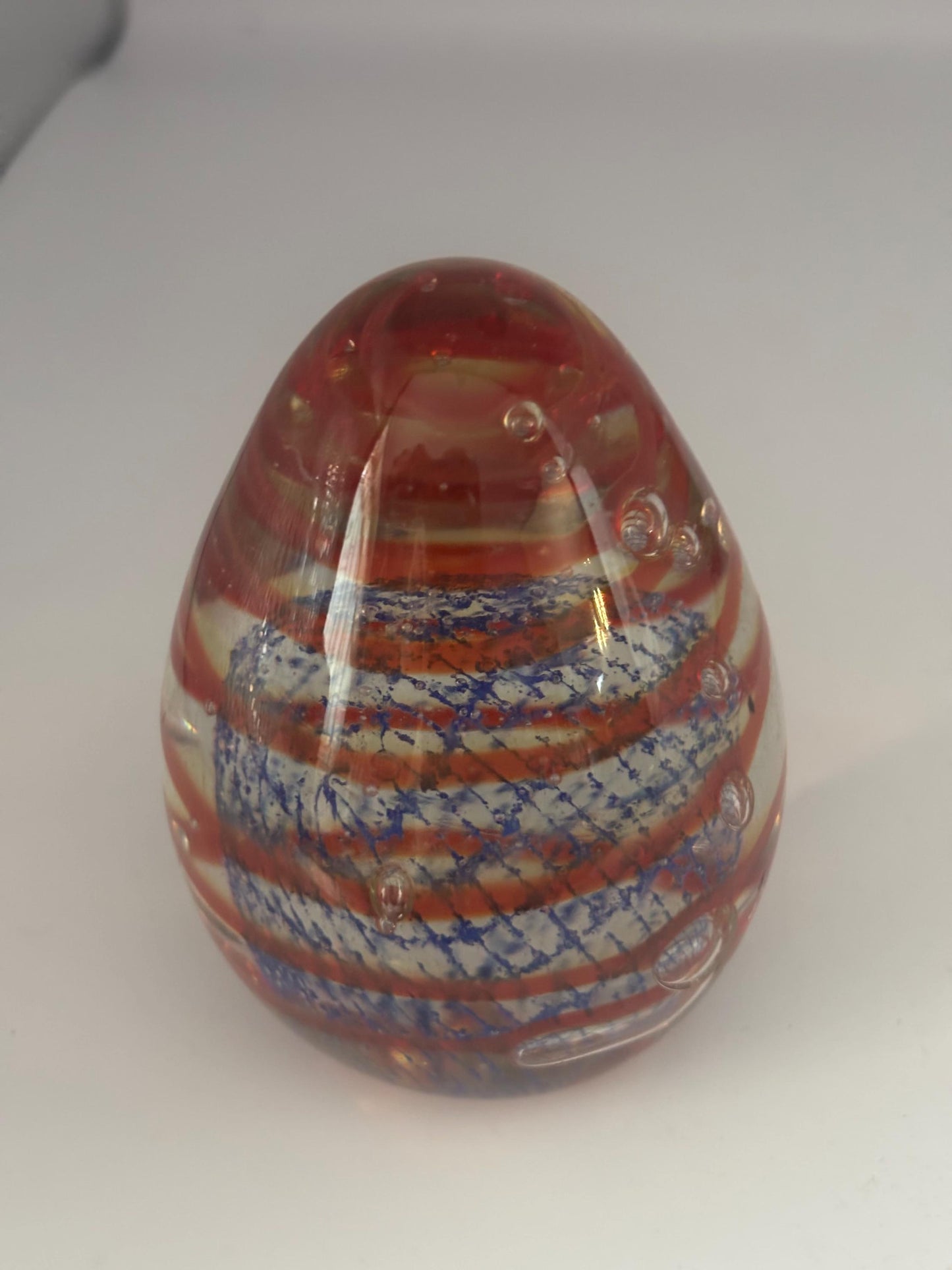 Vintage Murano Glass Paperweight Egg Blue Red Ribbons Italian Art Glass with Caged Bubbles